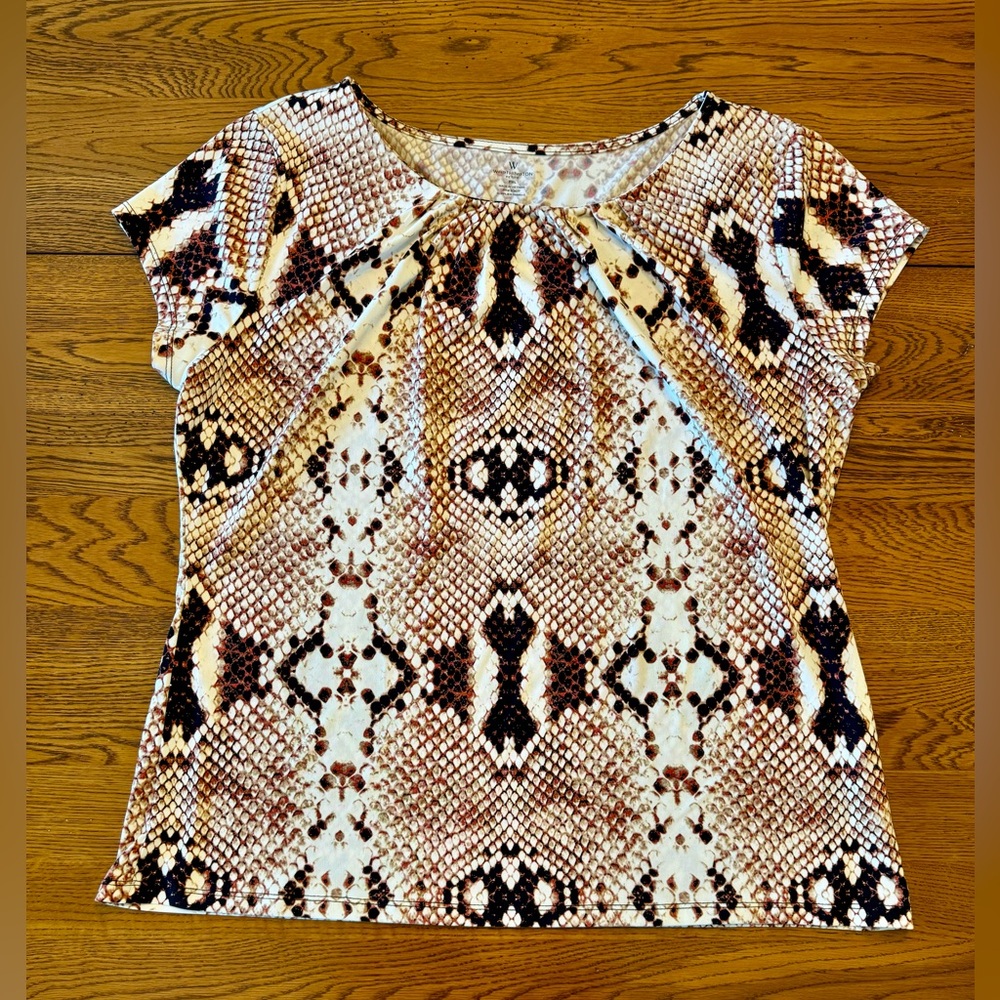 Worthington Petite XL Snakeskin Pleated Scoop Neck Top Neutral Office